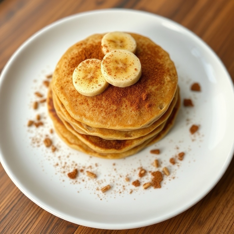 Perfectly plated banana oatmeal pancakes. Sprinkled with cinnamon. Served on a white ceramic plate. Warm side lighting highlights texture.