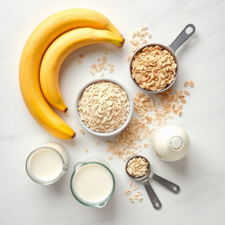 Bananas, oats, and milk arranged in an overhead flat lay. Measuring cups and spoons visible. White marble surface. Bright even light.