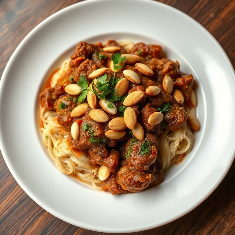 A perfect serving of beef tagine. Topped with almonds and fresh herbs. White porcelain plate. Warm side lighting highlights texture. Photorealistic food photography.