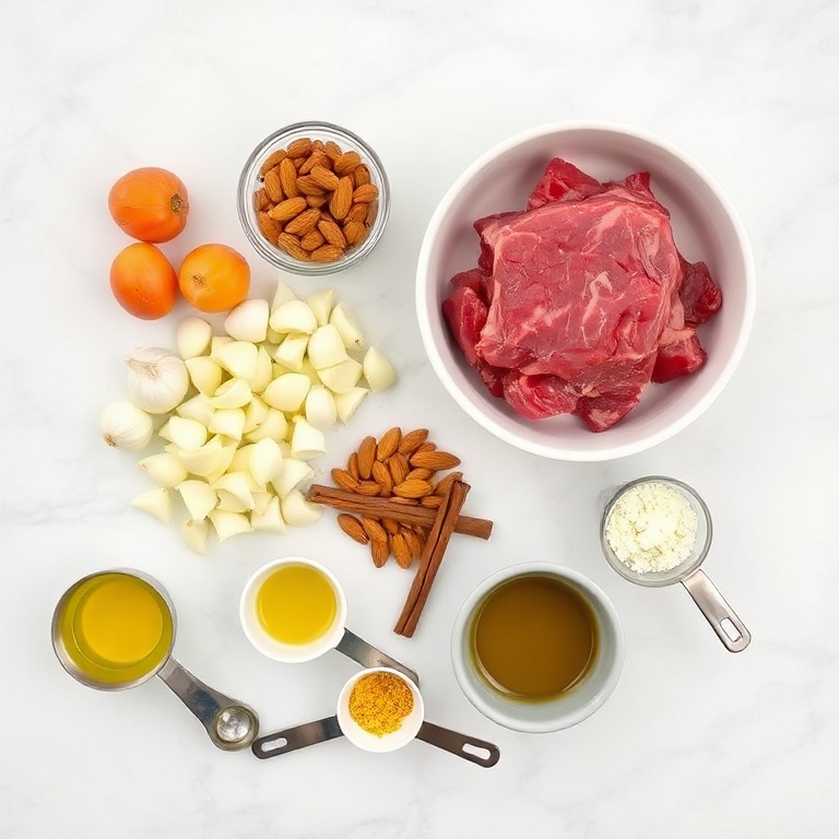 Raw ingredients for beef tagine. Beef, onions, garlic, apricots, almonds, cinnamon, saffron, and olive oil. Measuring spoons and bowls on a white marble surface. Bright even light.