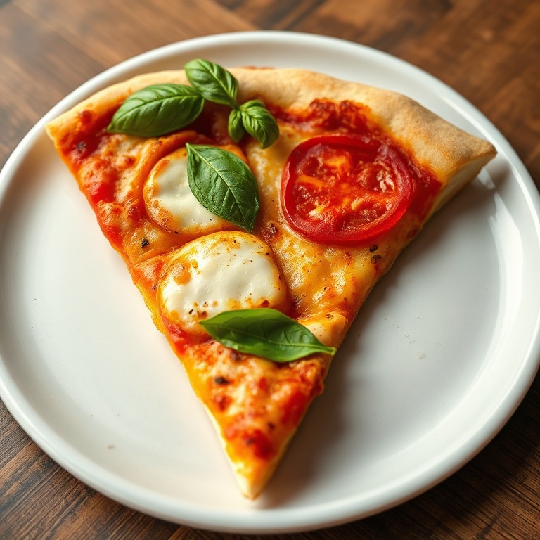 Single wedge of Neapolitan pizza on a white plate garnished with fresh basil, showing golden crust, airy crumb, and crisp blistered edge under warm light.