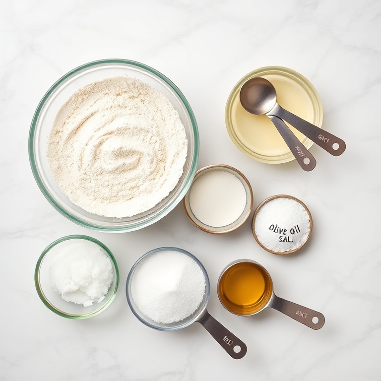 Overhead of flour, water, sea salt, yeast, olive oil, and small bowls on a marble surface with measuring cups and spoons for Neapolitan pizza dough.