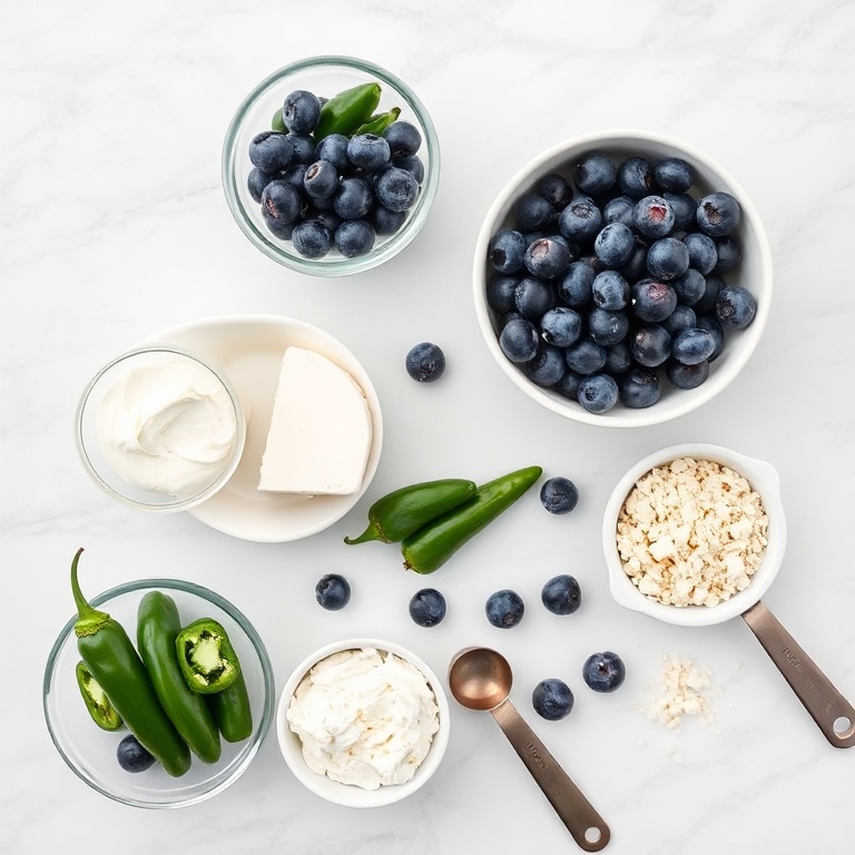 Blueberries, brie cheese, jalapeños, bread crumbs, and cream cheese arranged in a flat lay