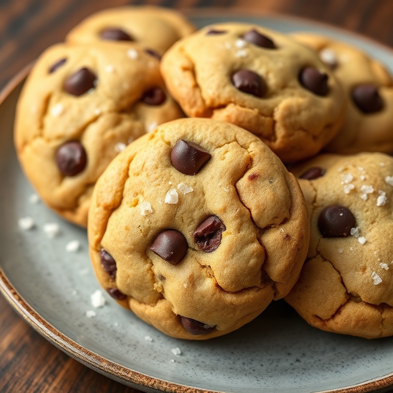 Perfectly plated bakery style chewy chocolate chip cookies. Sprinkled with sea salt. Close crop. Warm side lighting. Photorealistic food photography.