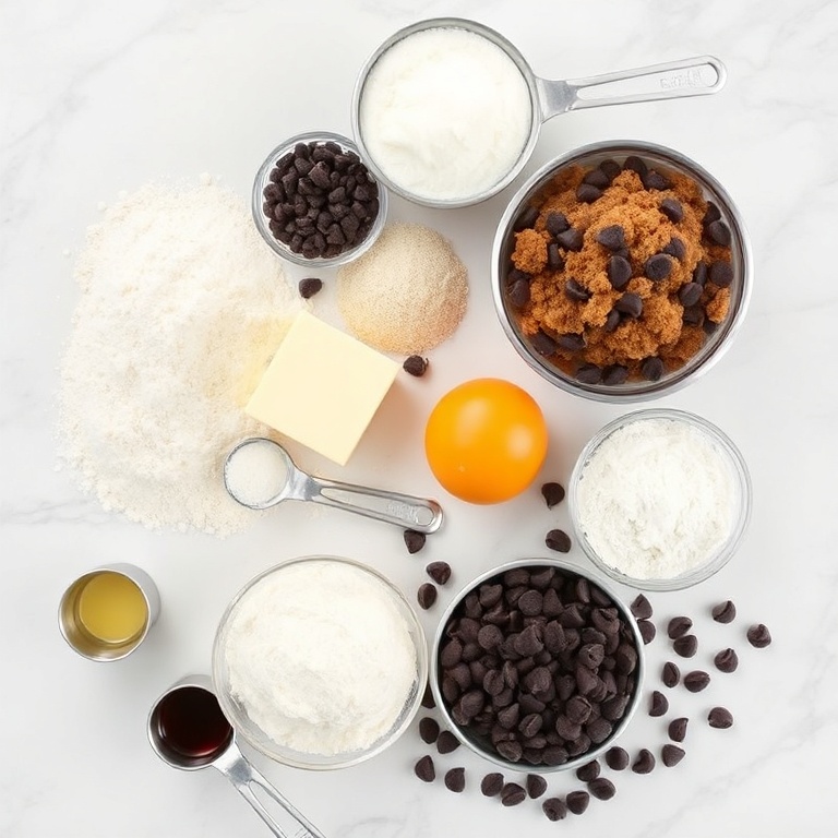 All raw ingredients for bakery style chewy chocolate chip cookies. Flour, butter, sugar, eggs, and chocolate chips. Measuring spoons and cups visible. White marble surface. Bright even light.