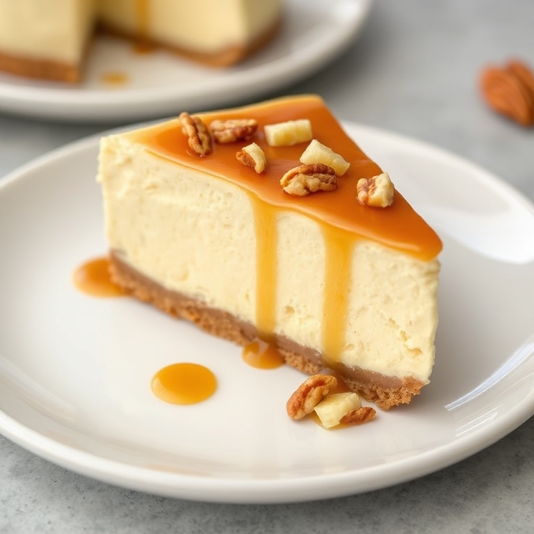 A perfect serving of banana caramel nut cheesecake on a white plate. Garnished with a small drizzle of caramel and a sprinkle of chopped nuts. Close crop showing the creamy texture.