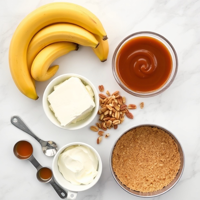 Overhead flat lay of the raw ingredients for banana caramel nut cheesecake. Prominent ingredients: ripe bananas, cream cheese, caramel sauce, nuts, and graham cracker crust. Measuring cups and spoons visible on a white marble surface.
