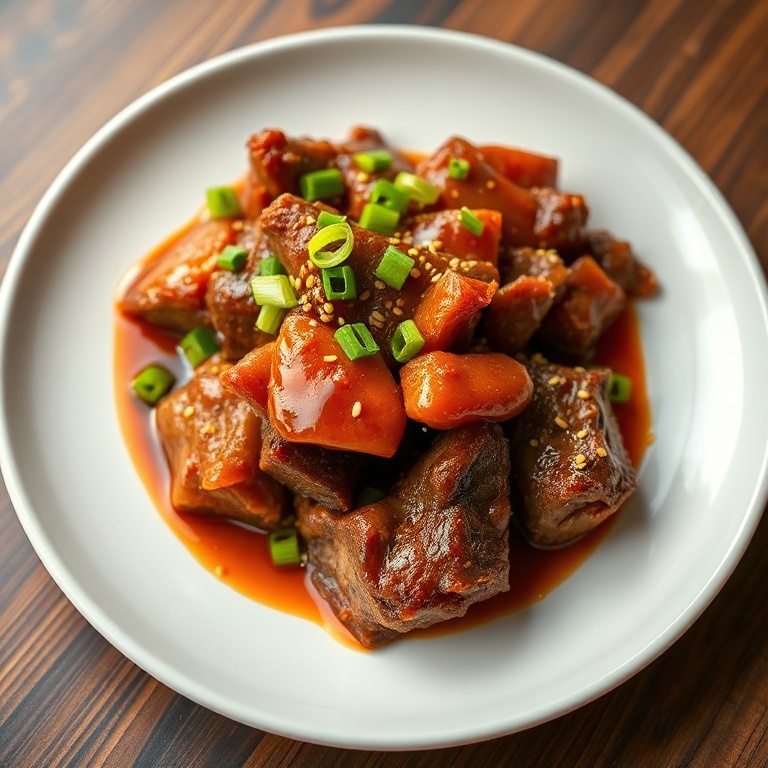 Perfect plated serving of Korean pot roast with gochujang glaze, served on a white ceramic plate. Topped with green onions and sesame seeds. Warm side lighting highlighting texture. Photorealistic food photography style.