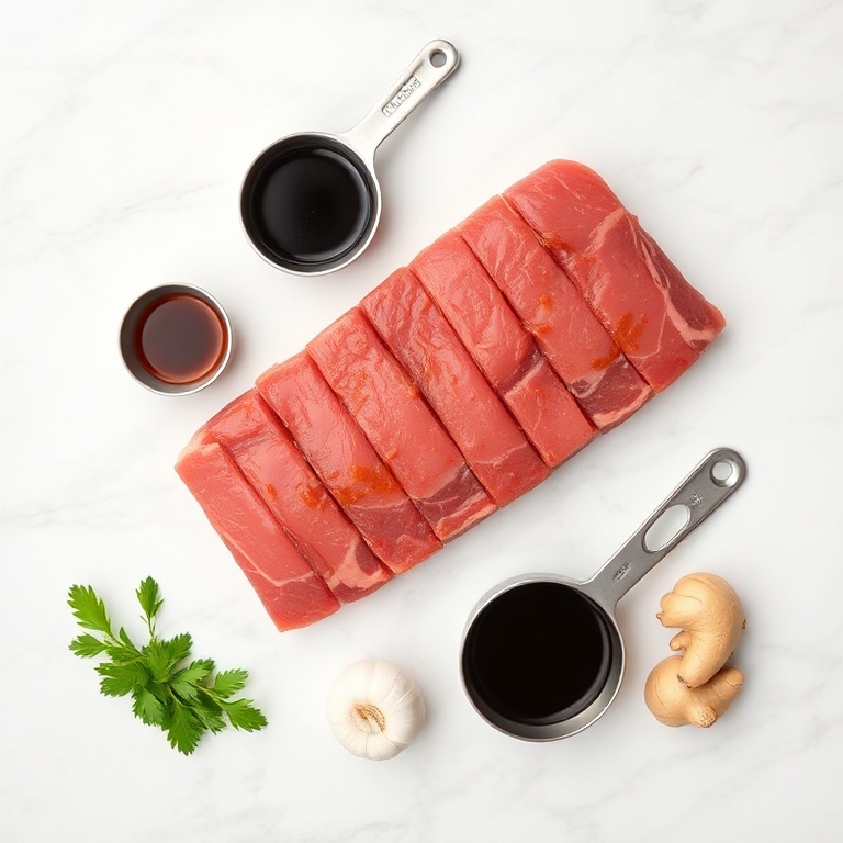 Overhead flat lay of marinated beef, gochujang, soy sauce, garlic, and ginger. Measuring spoons and cups visible. White marble surface, bright even light. Photorealistic overhead food photography style.