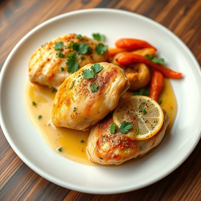 Plated chicken thighs with veggies and lemon sauce. Garnished with parsley. White ceramic plate. Warm lighting. Close crop. Photorealistic style.
