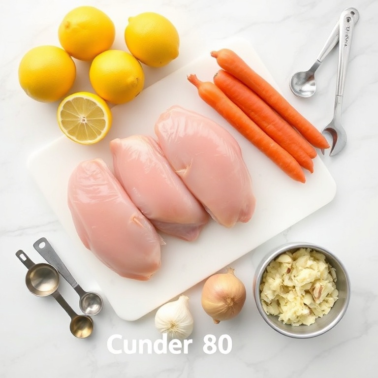 Raw chicken thighs, lemons, carrots, potatoes, onion, garlic. Measuring spoons, mixing bowls, cutting board. White marble surface. Bright even light. No text or watermark.