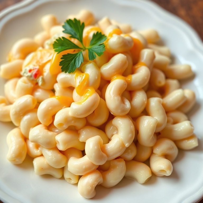 Perfectly plated macaroni salad with a drizzle of dressing and fresh parsley. Close crop showing creamy texture and crispy edges. White ceramic plate with warm lighting.