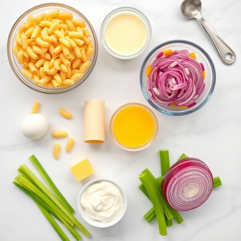 Raw macaroni, eggs, mayonnaise, mustard, celery, and red onion arranged as an overhead flat lay. Prep bowls and measuring spoons visible. Bright even natural light. White marble surface.