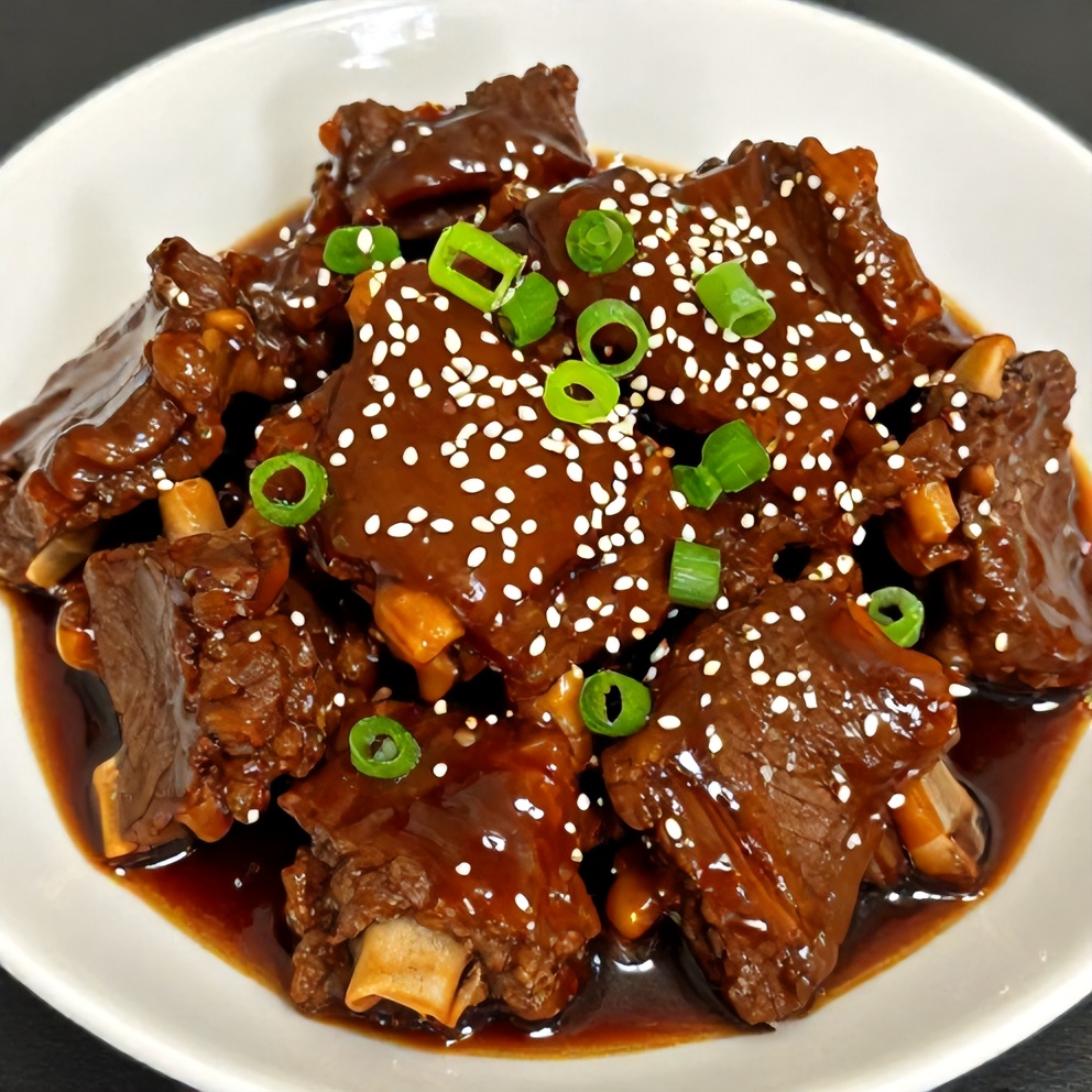 One serving of braised short ribs with dark, sticky sauce and green onion garnish on a white low bowl, side-lit to show glossy texture.