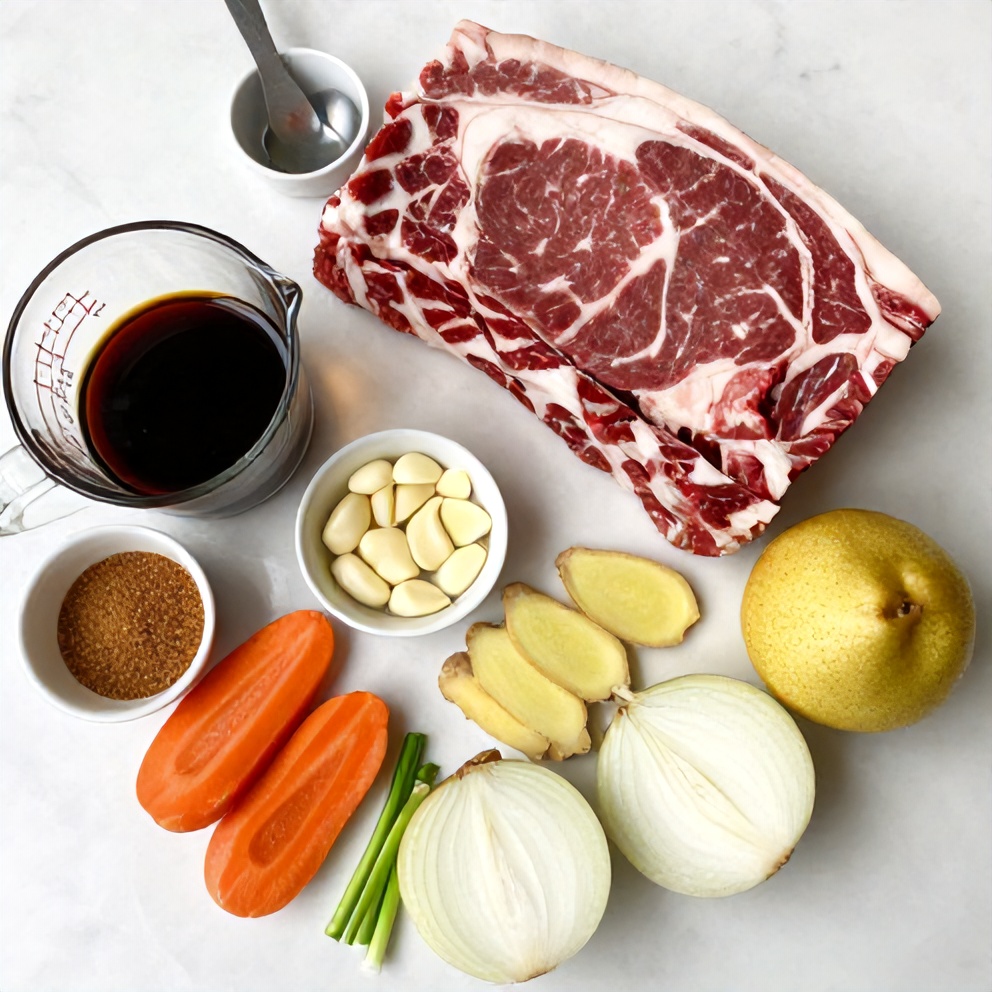 Overhead of raw beef short ribs, garlic cloves, sliced ginger, soy sauce, green onions, and other ingredients for Korean short ribs in bowls on marble.