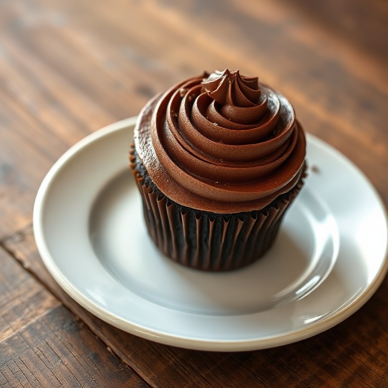One beautiful moist chocolate cupcake on a white dessert plate. Garnished with chocolate shavings on top of thick buttercream. Close crop. Warm side lighting brings out the fudge crumb and creamy swirl.