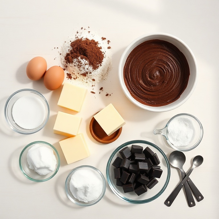 Overhead flat lay of raw ingredients: cocoa powder, flour, eggs, butter, and dark chocolate dominating the view. Small bowls of sugar, baking powder, and salt are arranged with measuring spoons. All placed on a white marble surface with even, bright light.