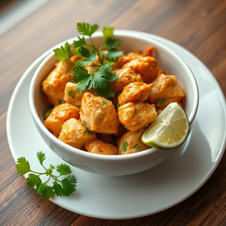 Chicken bowl with fresh cilantro and lime on a white plate.
