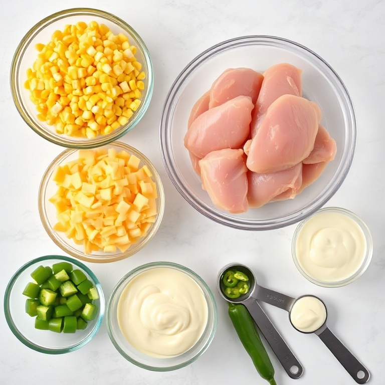 Raw chicken, corn, cheese, mayonnaise, and chili flakes arranged in a flat lay.
