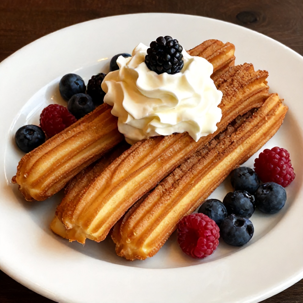 Plated cinnamon sugar churro pancakes with whipped cream and fresh berries