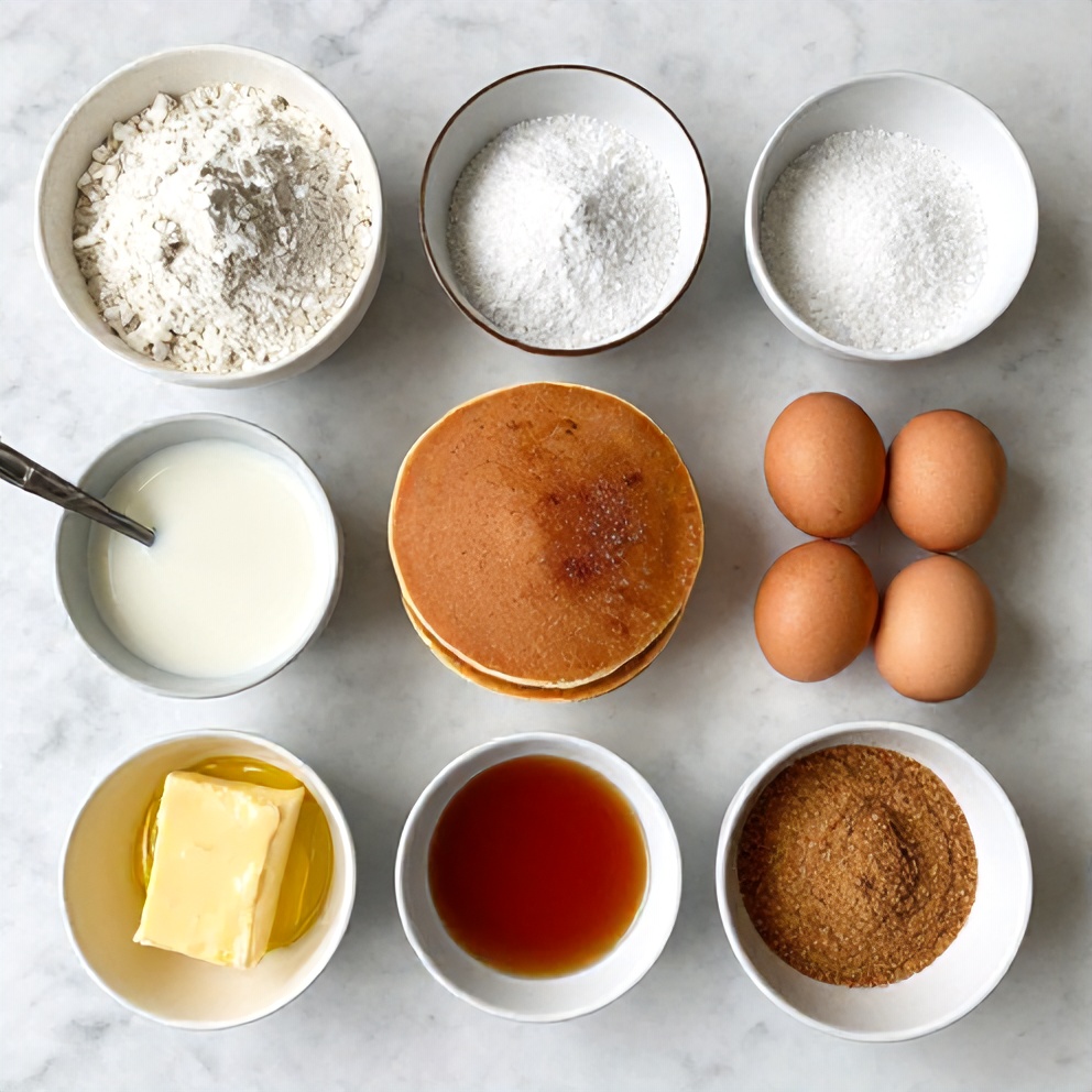 Raw ingredients for cinnamon sugar churro pancakes laid out on a wooden surface