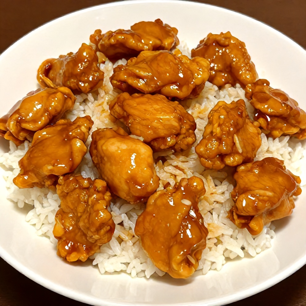Plated orange chicken with steamed rice