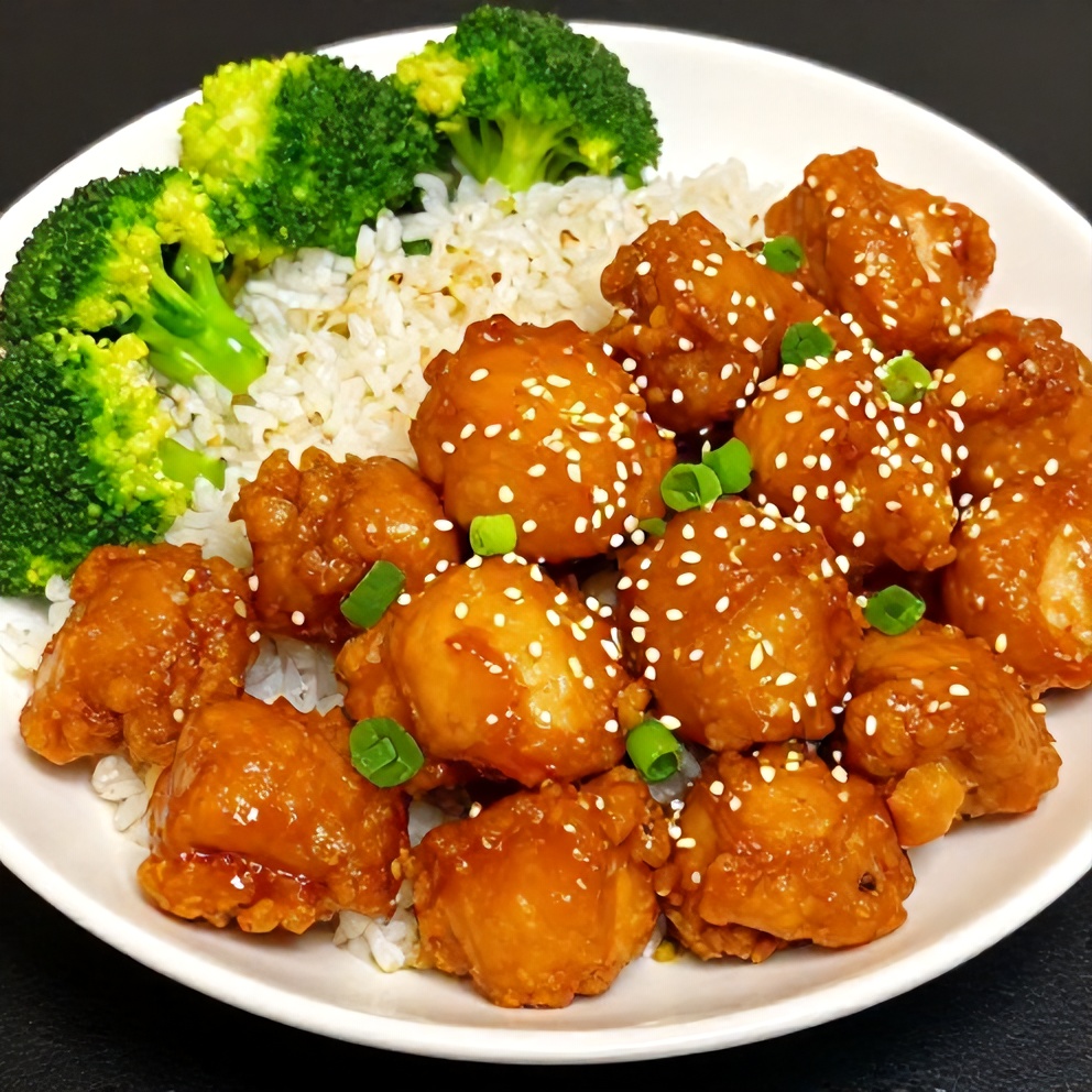 Orange chicken served over steamed rice with a side of broccoli