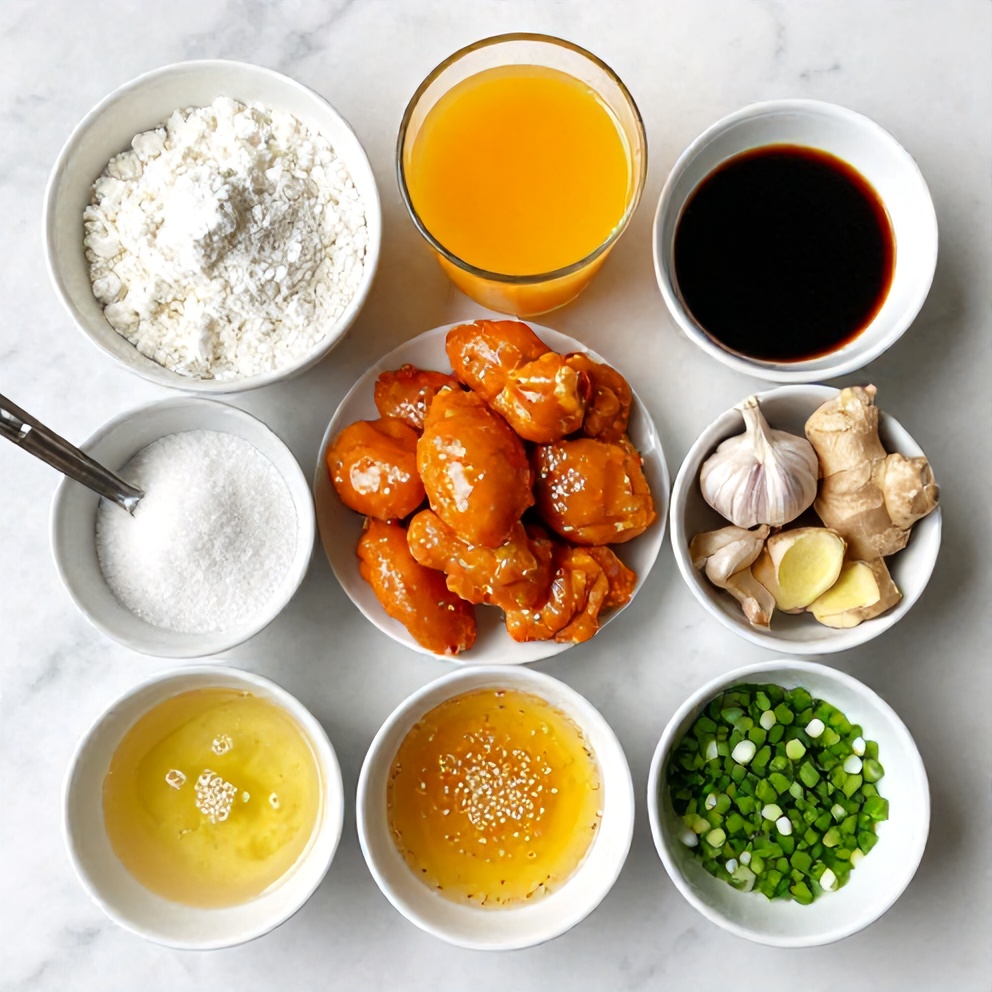 Raw ingredients for orange chicken: chicken, cornstarch, orange juice, soy sauce, garlic, ginger, sugar, rice vinegar, sesame oil, green onions, sesame seeds
