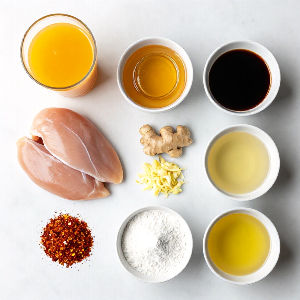 Orange chicken ingredients including chicken, orange juice, soy sauce, and garlic