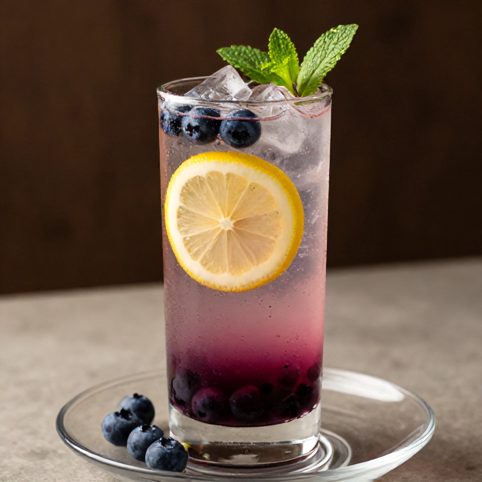 One glass of blueberry bourbon lemonade with lemon wheel and mint sprig garnish. Chill glass on round clear plate. Cold and vibrant in warm light.