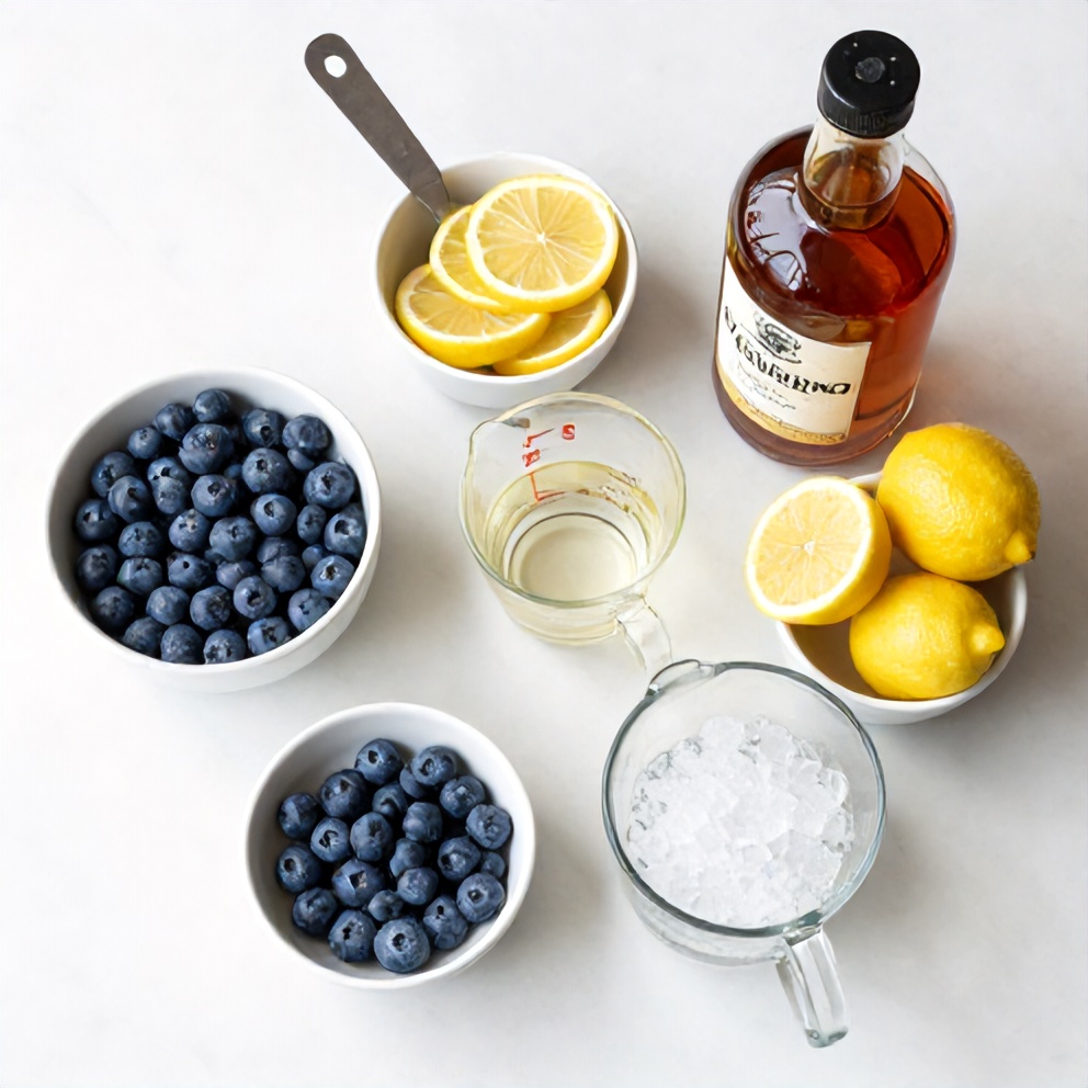 Flat lay with fresh blueberries, bourbon, lemons, simple syrup, ice, and club soda in bowls on a white marble surface. Measuring spoons and cups beside.
