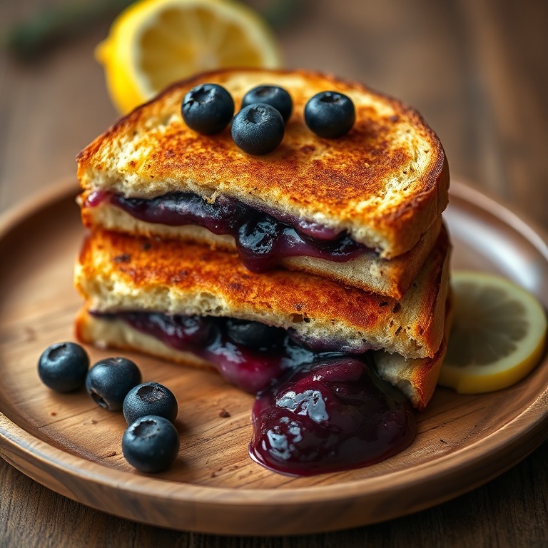 A perfect blueberry grilled cheese sandwich. Lemon thyme jam on the side. Close crop. Wooden plate. Warm side lighting. Photorealistic food photography.
