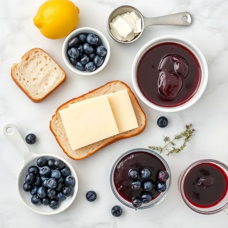 All raw ingredients for blueberry grilled cheese. Blueberries, bread, cheese, lemon, thyme, and jam. Measuring spoons and bowls visible. White marble surface. Bright even light. Photorealistic food photography.