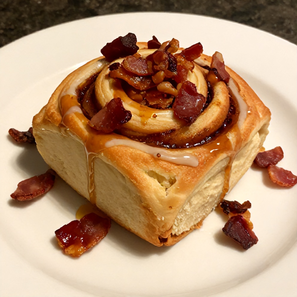 Plated Bourbon Maple Bacon Cinnamon Rolls with Candied Bacon
