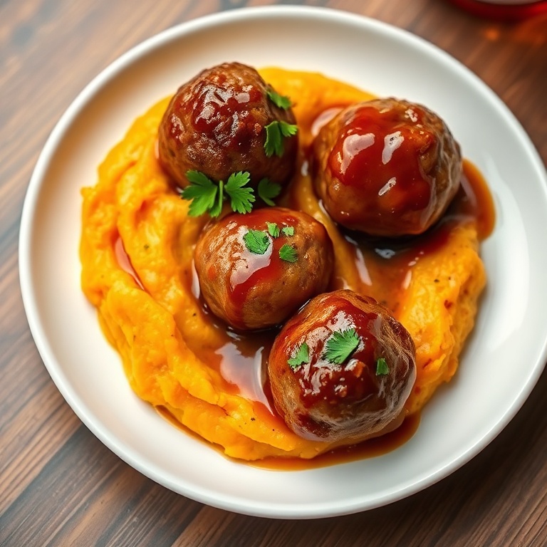 Perfectly plated bourbon maple pork meatballs with creamy sweet potato mash. Garnished with fresh parsley. Close-up of the rich glaze and tender meat.