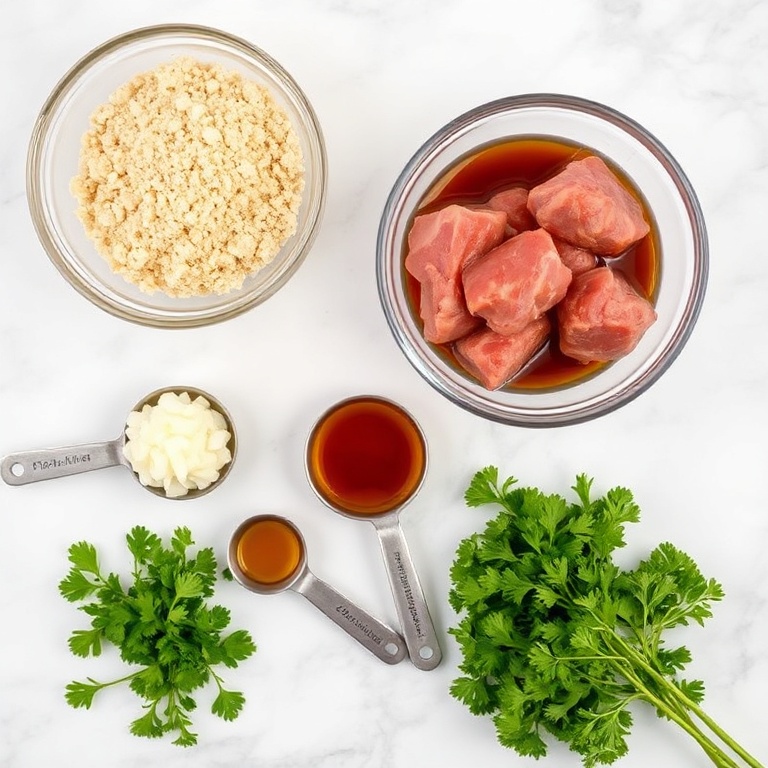 Raw ingredients for bourbon maple pork meatballs: ground pork, breadcrumbs, garlic, onion, maple syrup, bourbon, and fresh parsley. Measuring spoons and bowls visible on a white marble surface.