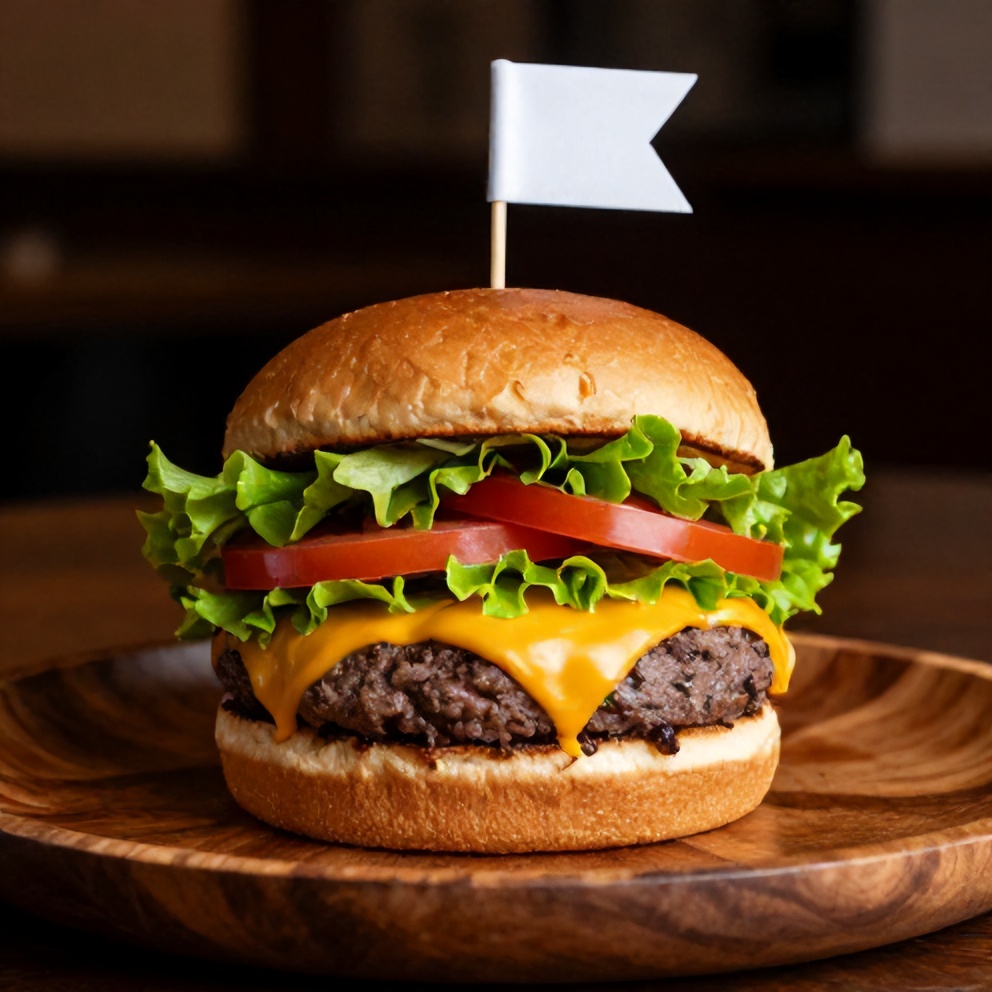 Plated Cheddar Jalapeño Burger with lettuce and tomato