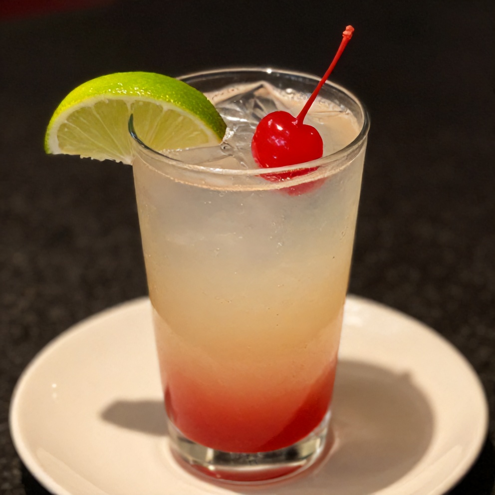 Cherry limeade in a glass with a lime wedge and a cherry