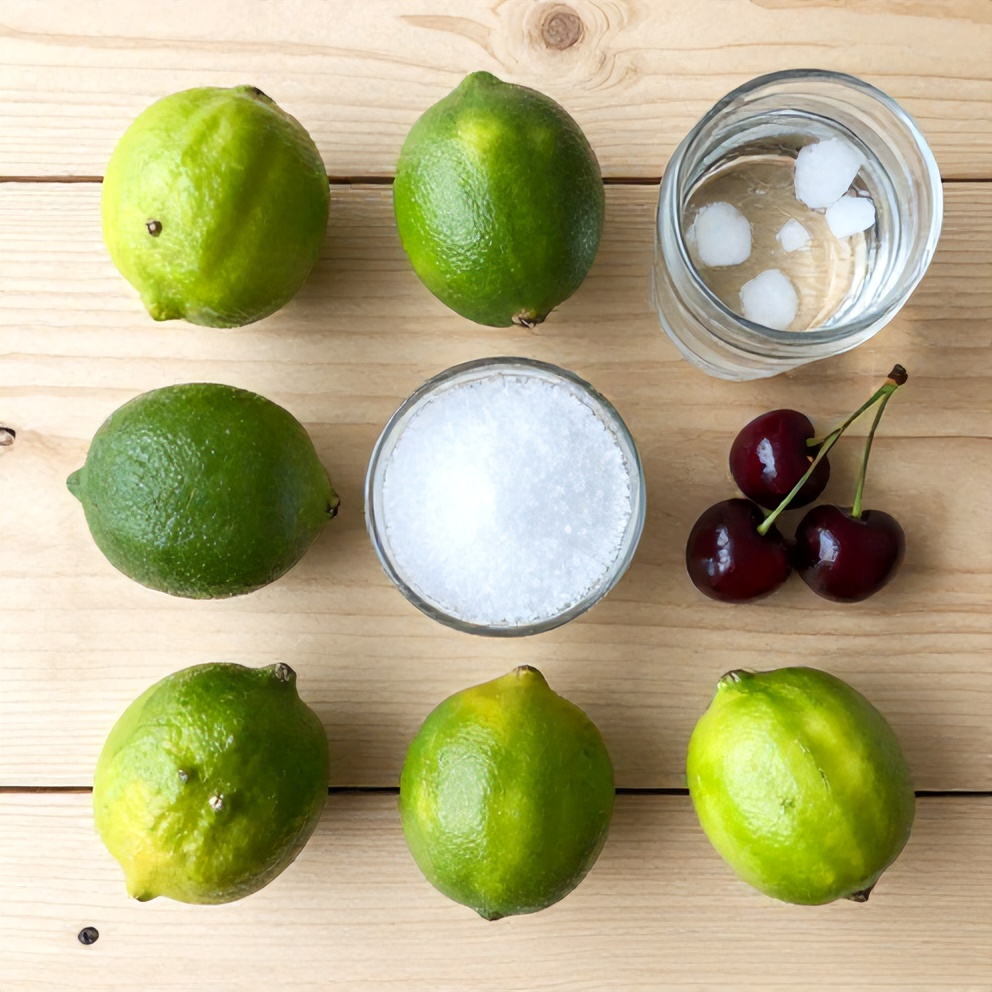 Limes, cherries, sugar, water, and ice on a wooden surface