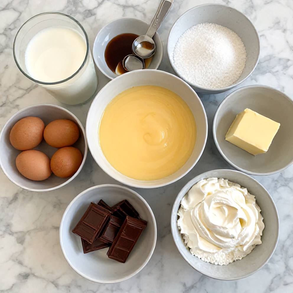 Boston Cream Pie ingredients on a marble counter