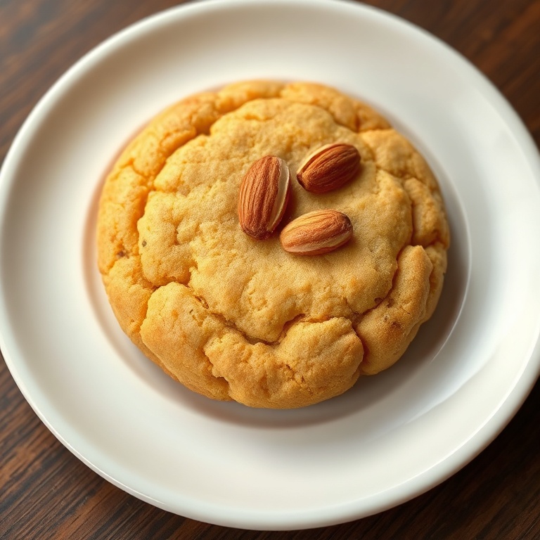 One classic speculaas cookie topped with sliced almonds on a small white ceramic dessert plate, close crop shows crisp edges and textured spiced surface, warm side lighting.