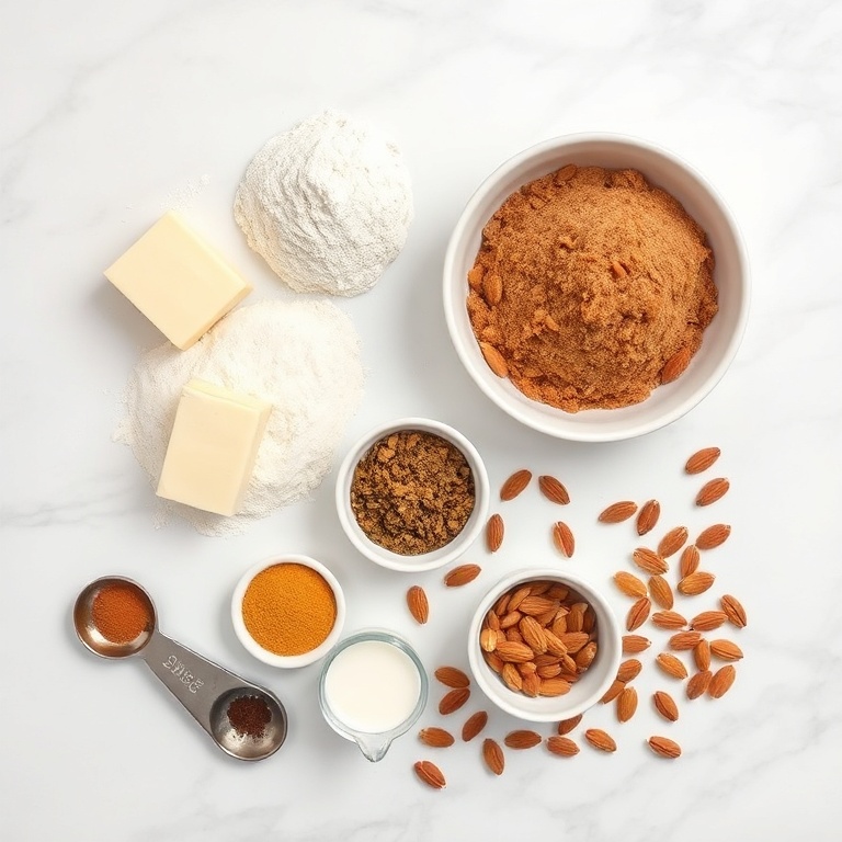 Overhead flat lay of flour, butter, brown sugar, speculaas spice mix, and sliced almonds arranged in prep bowls with measuring spoons on a white marble background.