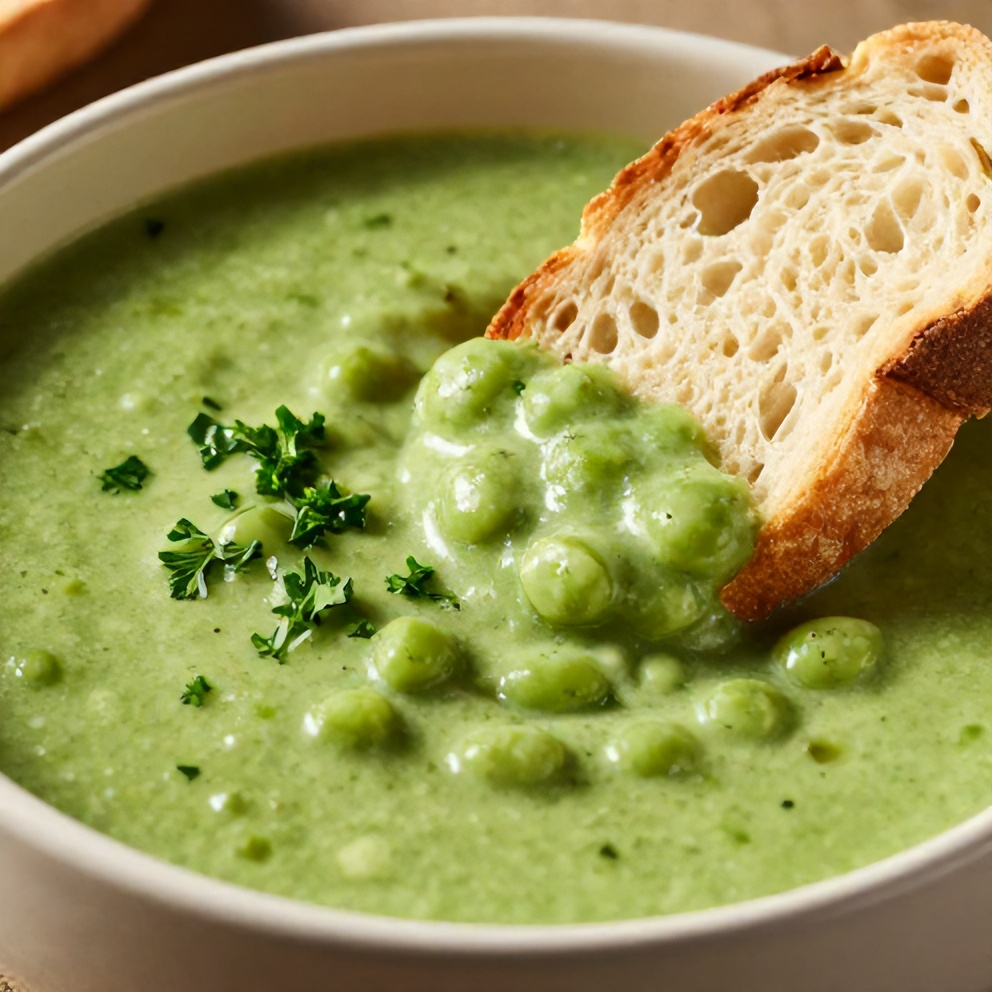 Bowl of classic split pea soup with a slice of bread