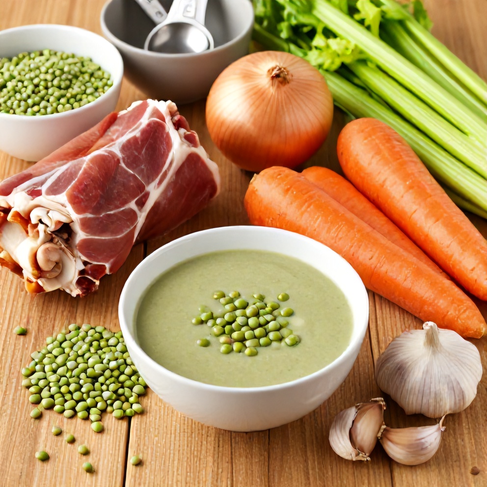 Split pea soup ingredients on a wooden surface