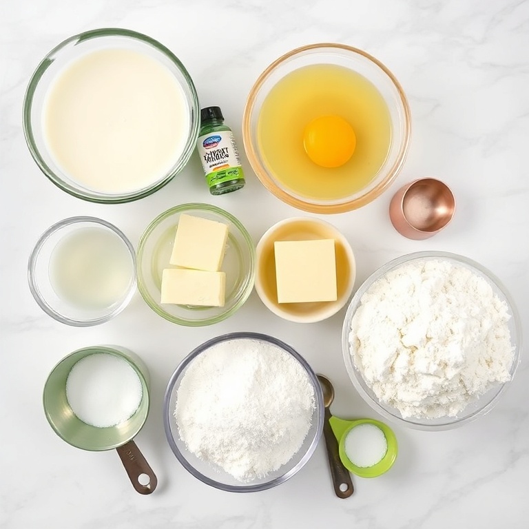 All raw ingredients for coconut pandan lava cake: coconut milk, pandan extract, eggs, butter, flour, sugar. Bowls and measuring spoons shown.