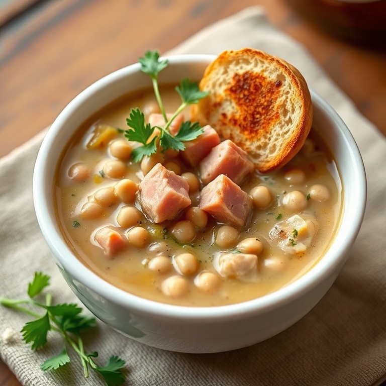 A single bowl of Cozy Ham and Split Pea Soup. The dish is topped with fresh parsley and a slice of crusty bread. The bowl is a white ceramic bowl. Warm side lighting shows the creamy texture. Photorealistic food photography style.
