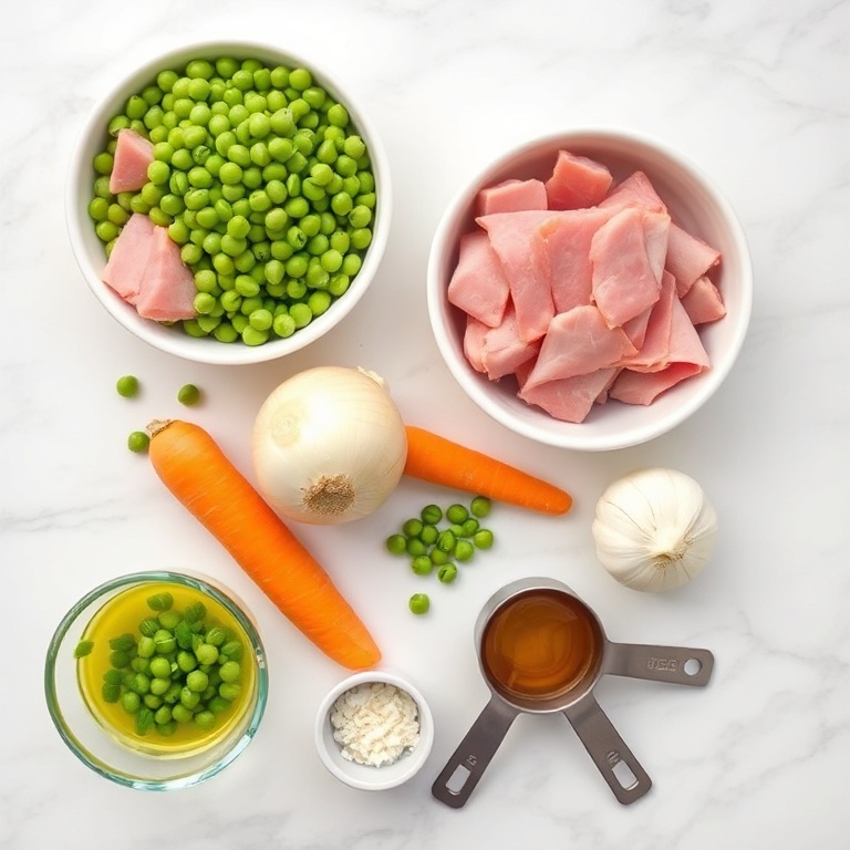 A flat lay of raw ingredients for Cozy Ham and Split Pea Soup. The 5 most visually prominent ingredients are ham, split peas, onion, carrot, and garlic. Small prep bowls, measuring spoons, and measuring cups are visible. A white marble surface is in the background. Bright even natural light, no harsh shadows. Photorealistic overhead food photography style.