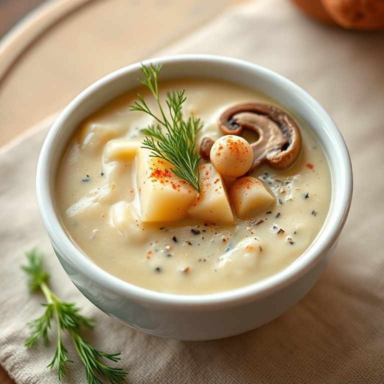 A serving of creamy soupy potato and mushroom soup topped with fresh dill and a sprinkle of paprika on a white ceramic bowl.