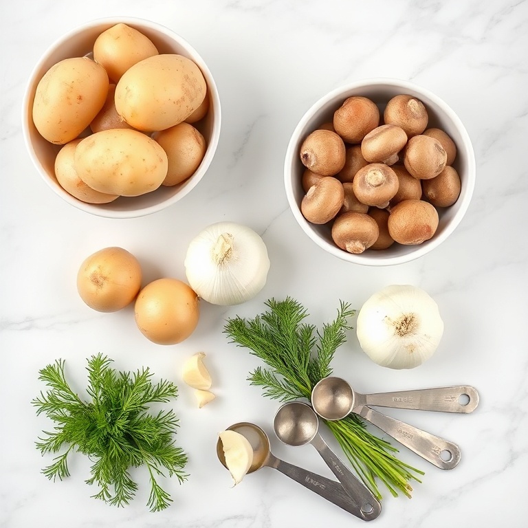 Raw potatoes, mushrooms, onion, garlic, and fresh dill arranged on a white marble surface with measuring tools.