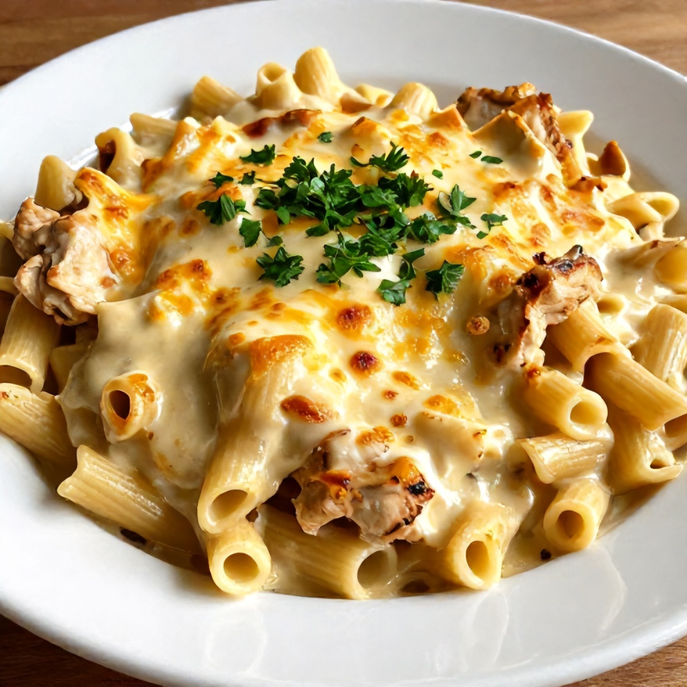Plated serving of Creamy Baked Chicken Tetrazzini Pasta Casserole